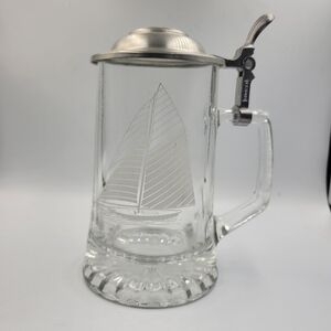 Columbia 1901 Glass Beer Mug Stein Etched Ship Anchor Lid Old Spice Alwe Germany